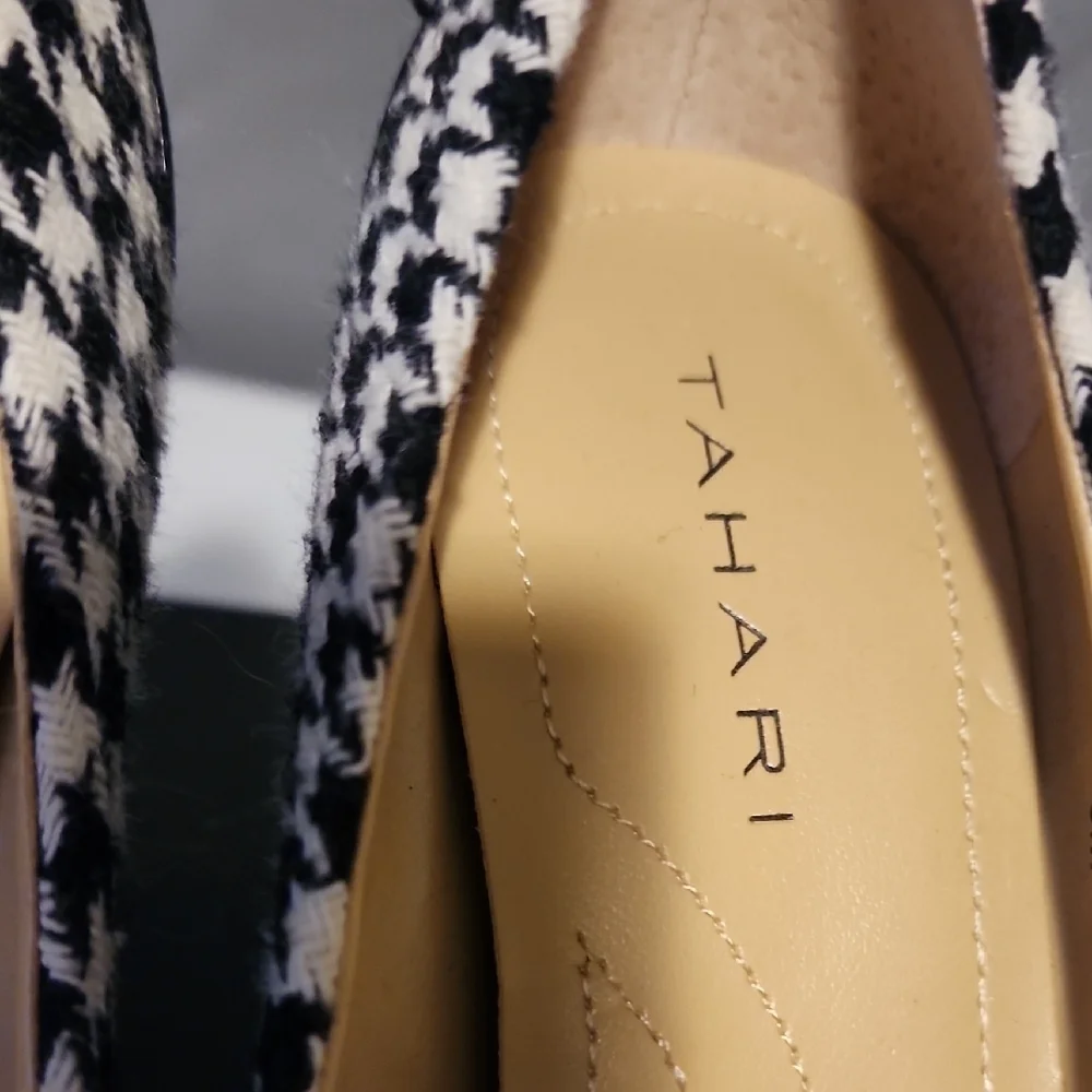 Tahari Black and White Flats with Chain Trim
